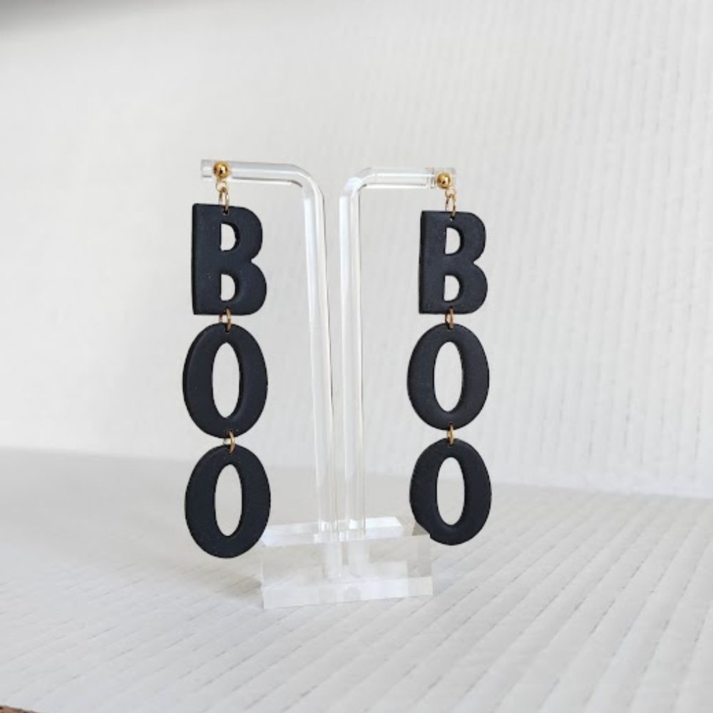 BOO black polymer clay earrings Handmade lightweight Hypoallergenic 3.5"